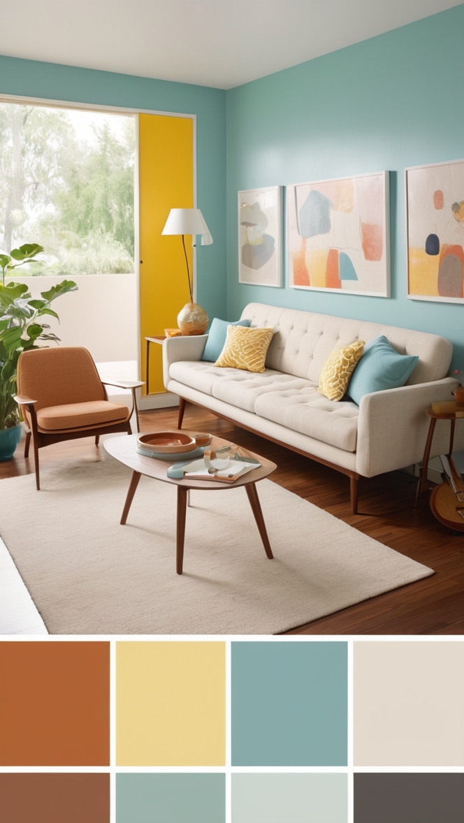modern furniture, mid century decor, colorful sofa, retro lighting, vintage rugs