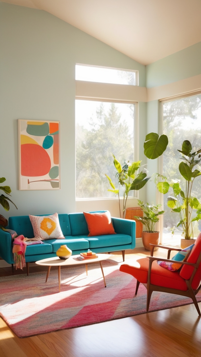 modern furniture, mid century decor, colorful sofa, retro lighting, vintage rugs