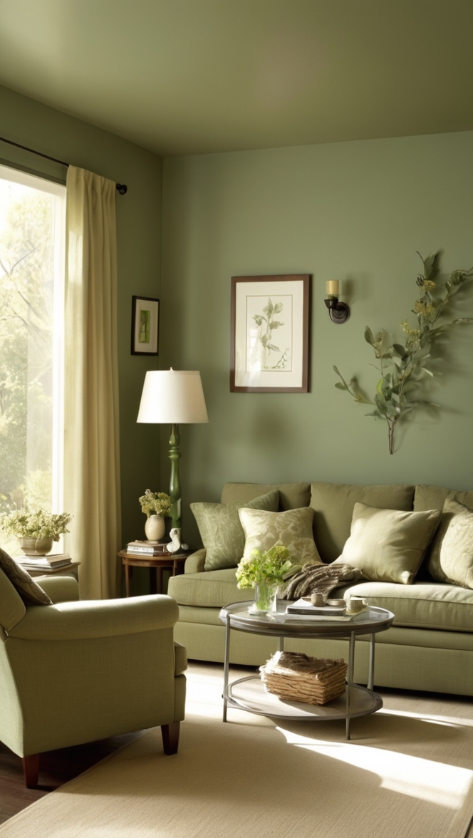 dark green living room decor, sage green interior design, luxury green living room, contemporary green living space, elegant green home design