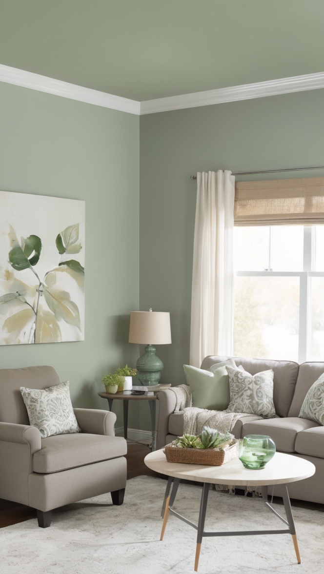 grey living room, sage green decor, neutral color palette, modern living room, interior design trends