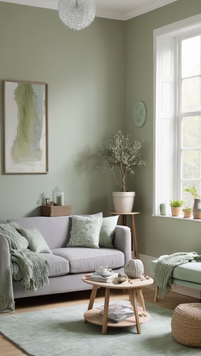 grey living room, sage green decor, neutral color palette, modern living room, interior design trends