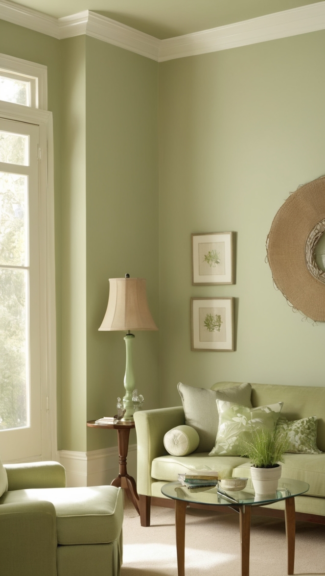 light green paint, sage green walls, neutral living room, natural light, modern design