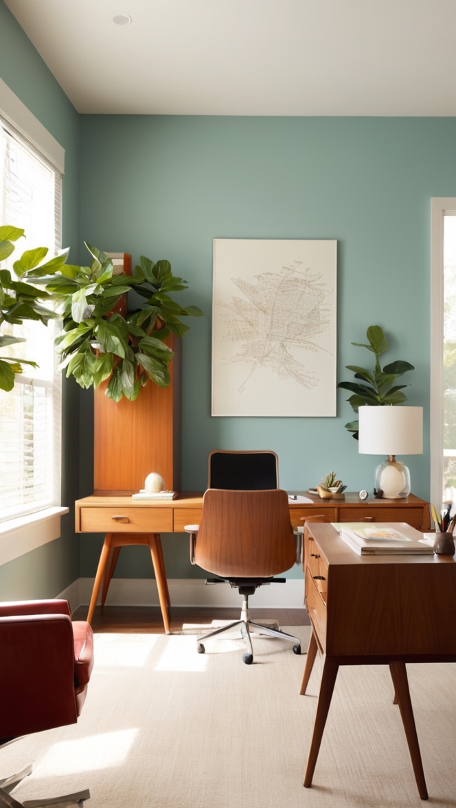 mid century modern desk, mid century modern chair, modern home office furniture, mid century style office, retro office decor