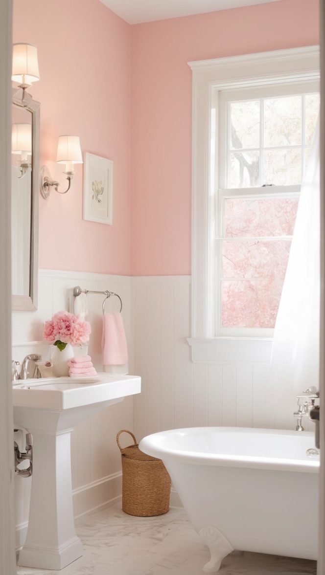 luxury pink bathroom, pink bathroom tiles, white bathroom decor, pink bathroom accessories, elegant white bathroom