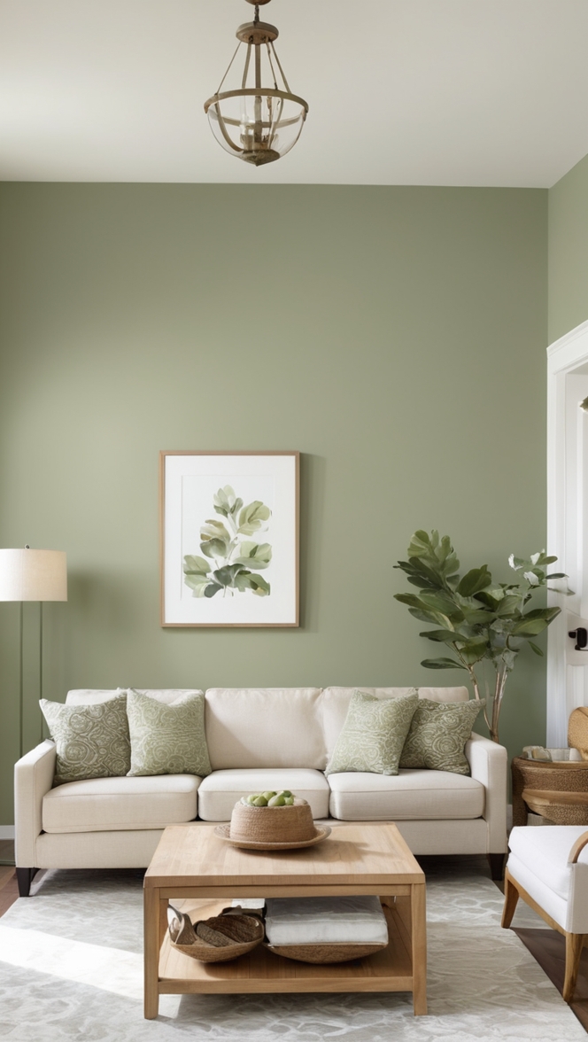 sage green sofa, green accent wall, sage green curtains, olive green decor, emerald green rug