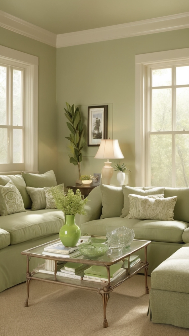 sage green sofa, green accent wall, sage green curtains, olive green decor, emerald green rug