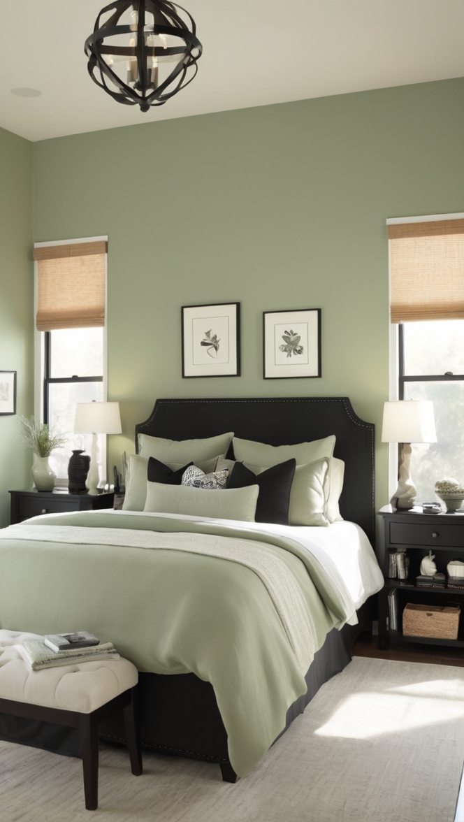 green bedroom decor, sage green bedding, black accent wall, modern green bedroom, dark green bedroom walls