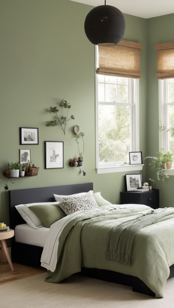green bedroom decor, sage green bedding, black accent wall, modern green bedroom, dark green bedroom walls