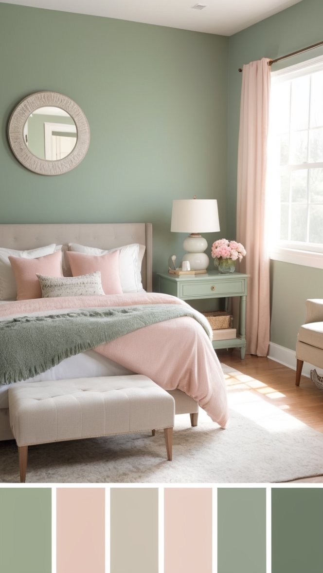 sage green bedding, blush pink decor, bedroom design ideas, elegant home accessories, cozy bedding essentials