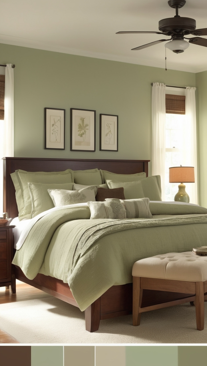 sage green paint, brown bedding, bedroom decor, green wall colors, earth tone palette