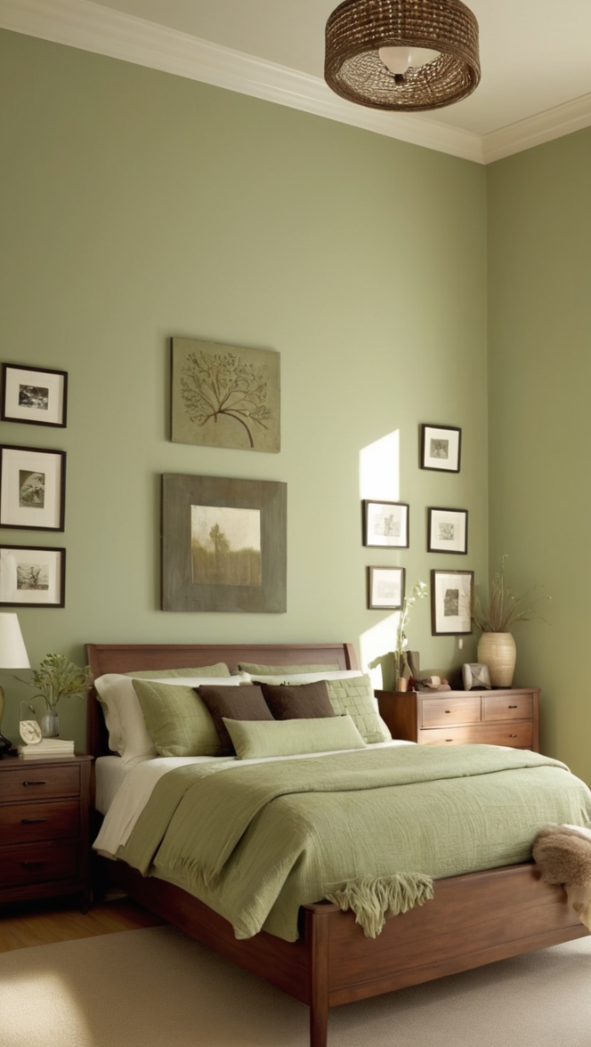 sage green paint, brown bedding, bedroom decor, green wall colors, earth tone palette