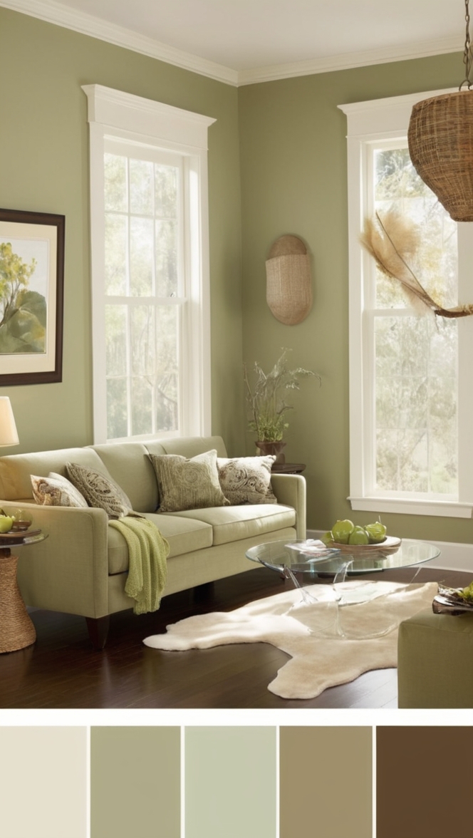 sage green curtains, sage green decor, earthy brown paint, modern green living room, natural brown furniture