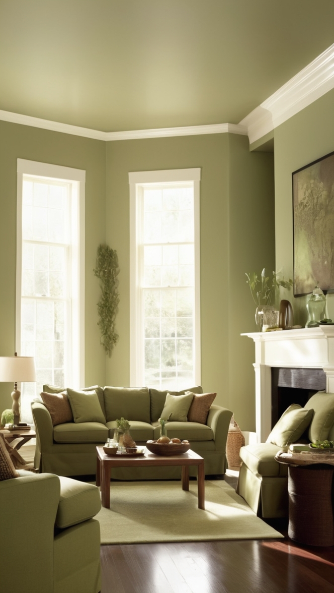 sage green curtains, sage green decor, earthy brown paint, modern green living room, natural brown furniture