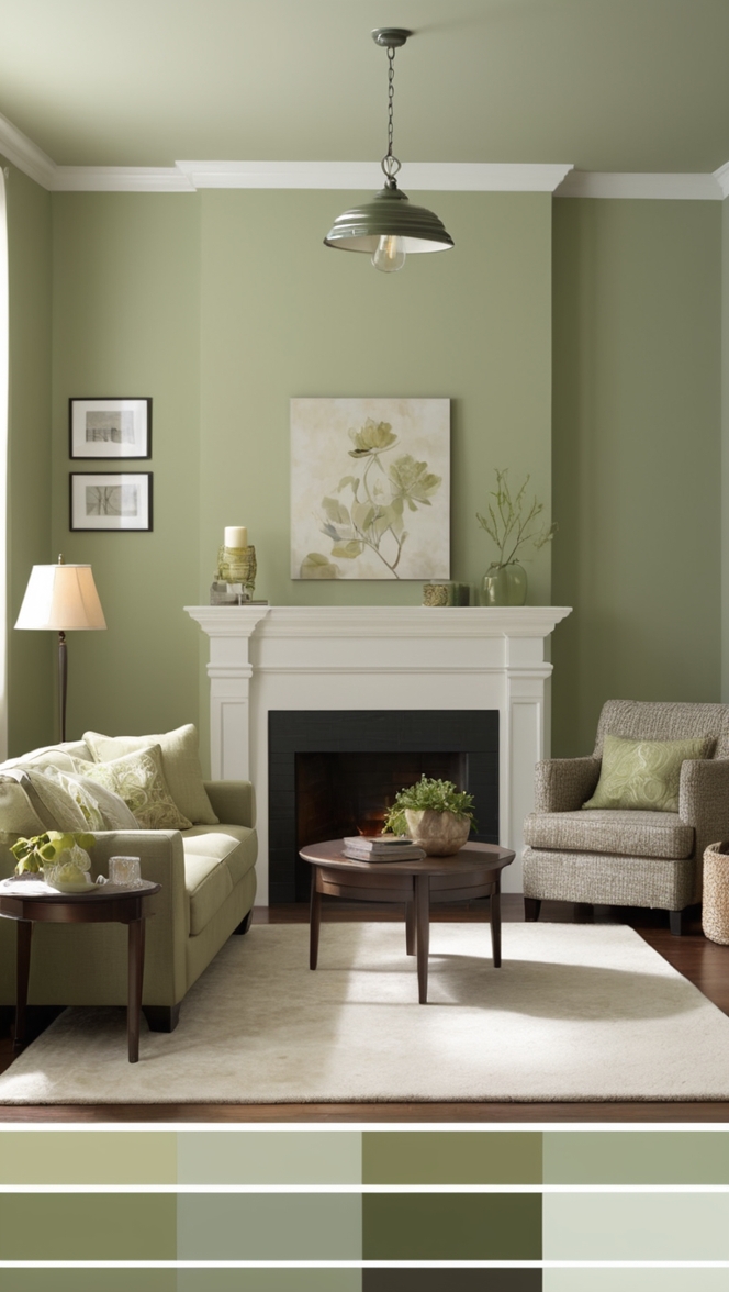 sage green sofa, dark brown walls, cozy living room, earthy color palette, rustic decor