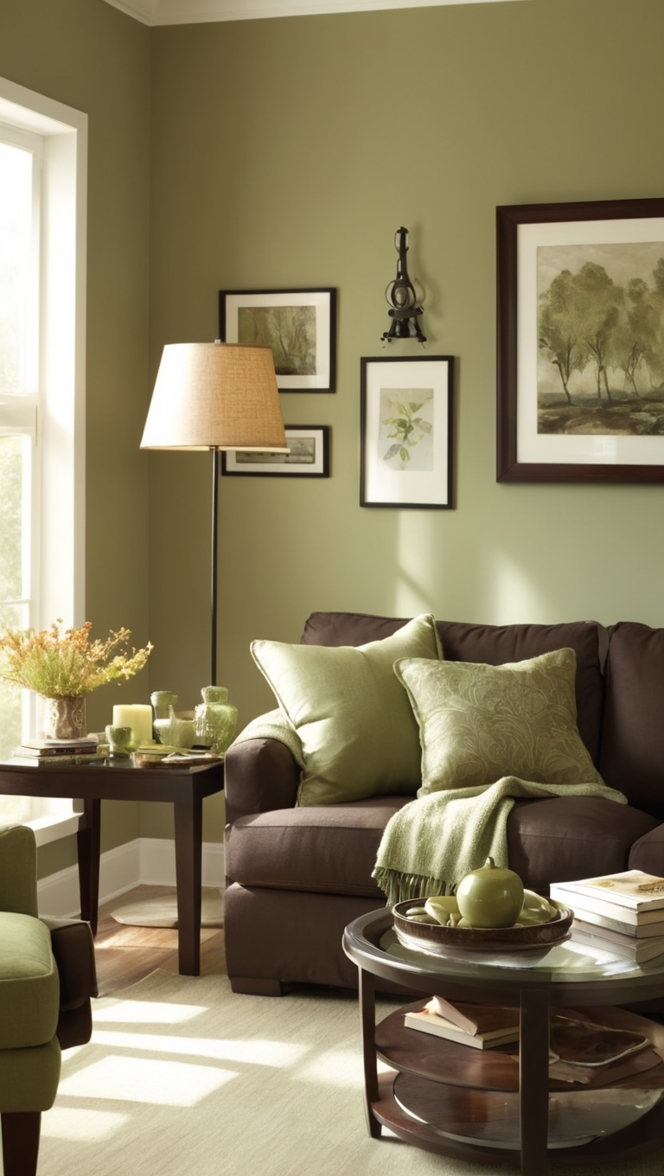 sage green sofa, dark brown walls, cozy living room, earthy color palette, rustic decor