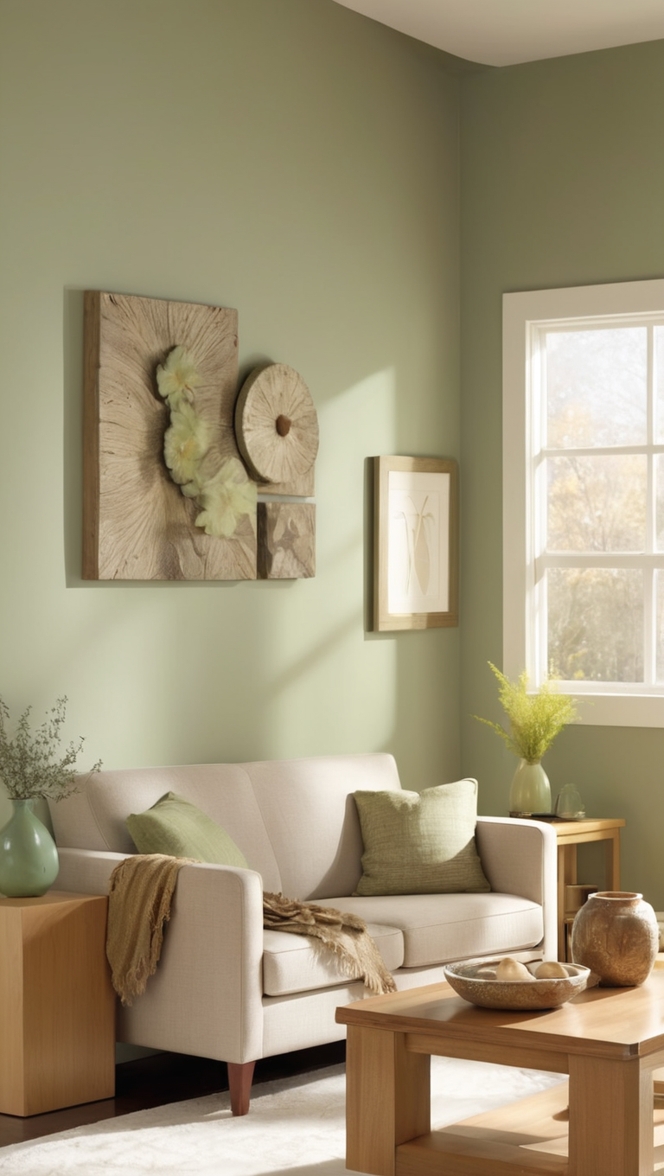 sage green sofa, oak coffee table, living room decor, green accent wall, light oak flooring