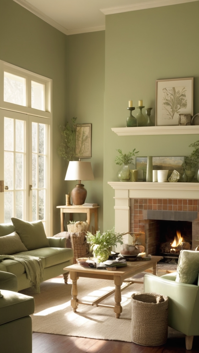 sage green sofa, oak coffee table, living room decor, green accent wall, light oak flooring