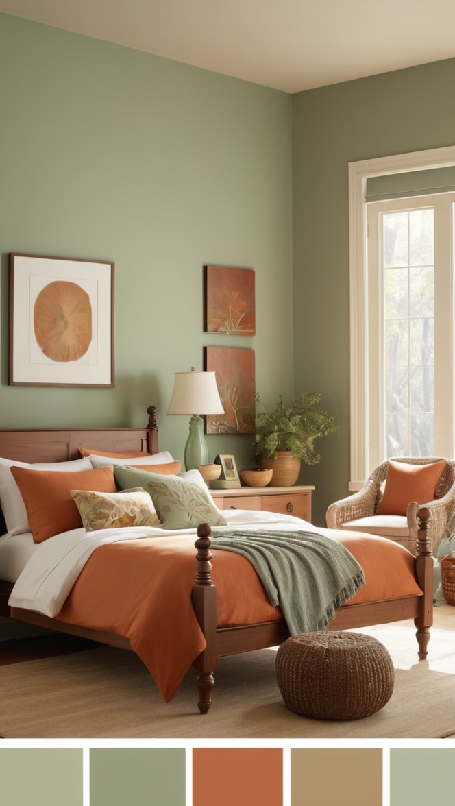sage green bedroom decor, terracotta bedroom ideas, sage green and terracotta color scheme, terracotta bedroom accessories, sage green and terracotta curtains