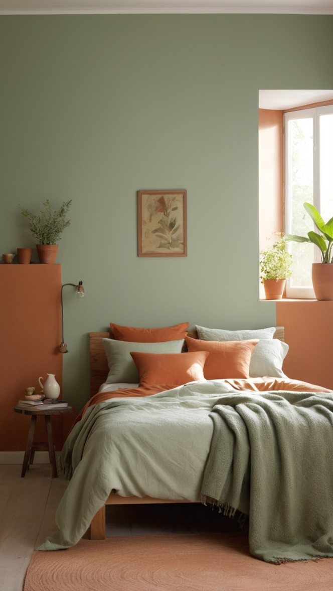 sage green bedroom decor, terracotta bedroom ideas, sage green and terracotta color scheme, terracotta bedroom accessories, sage green and terracotta curtains