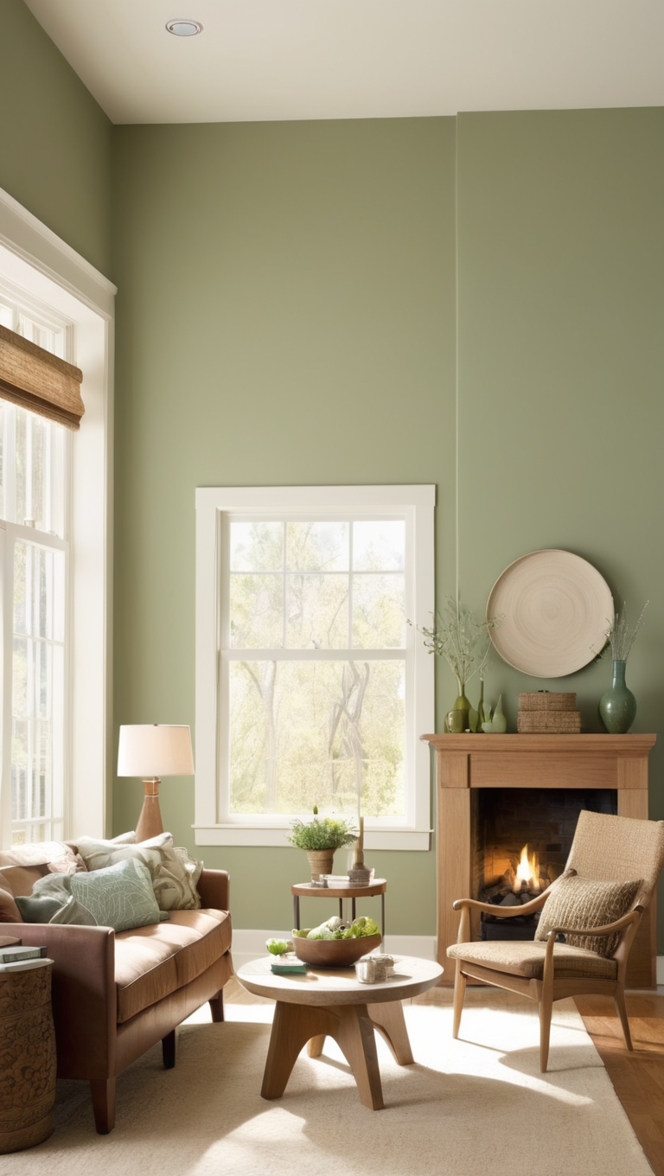 sage green sofa, green living room decor, wooden furniture, sage green walls, natural wood accents