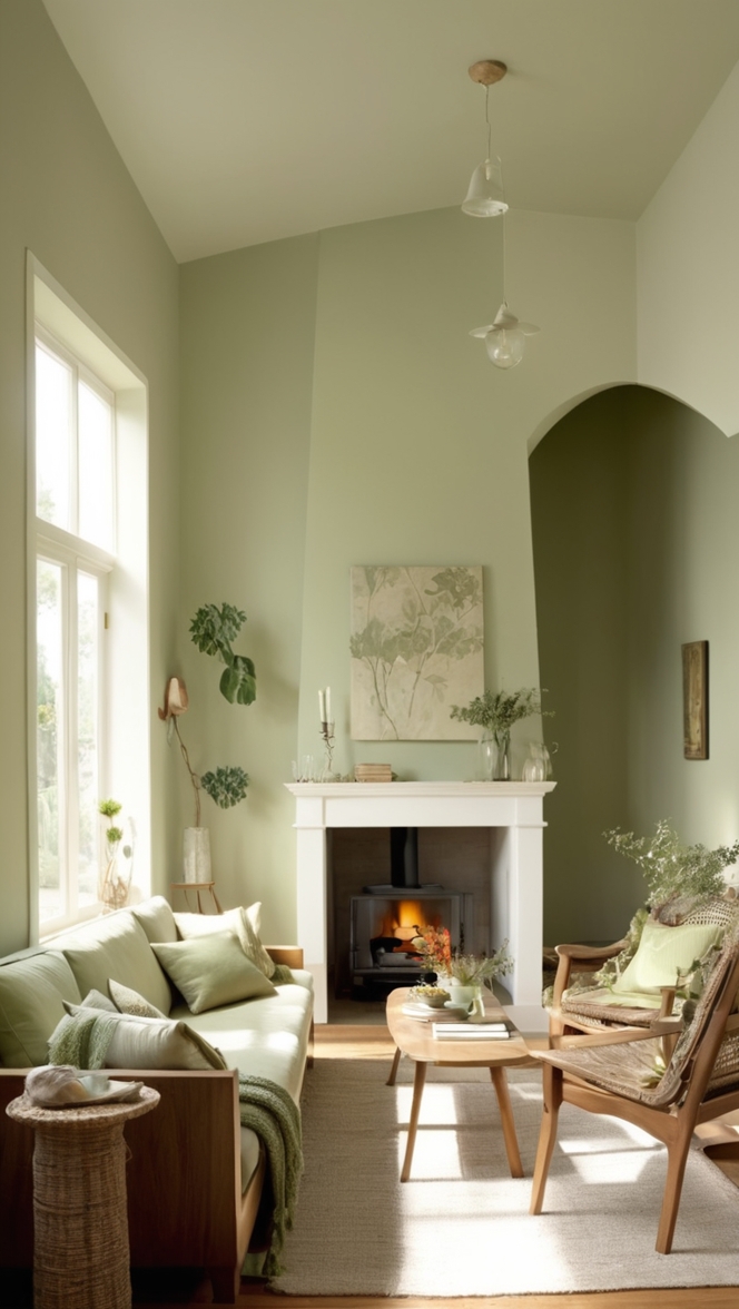 sage green sofa, green living room decor, wooden furniture, sage green walls, natural wood accents
