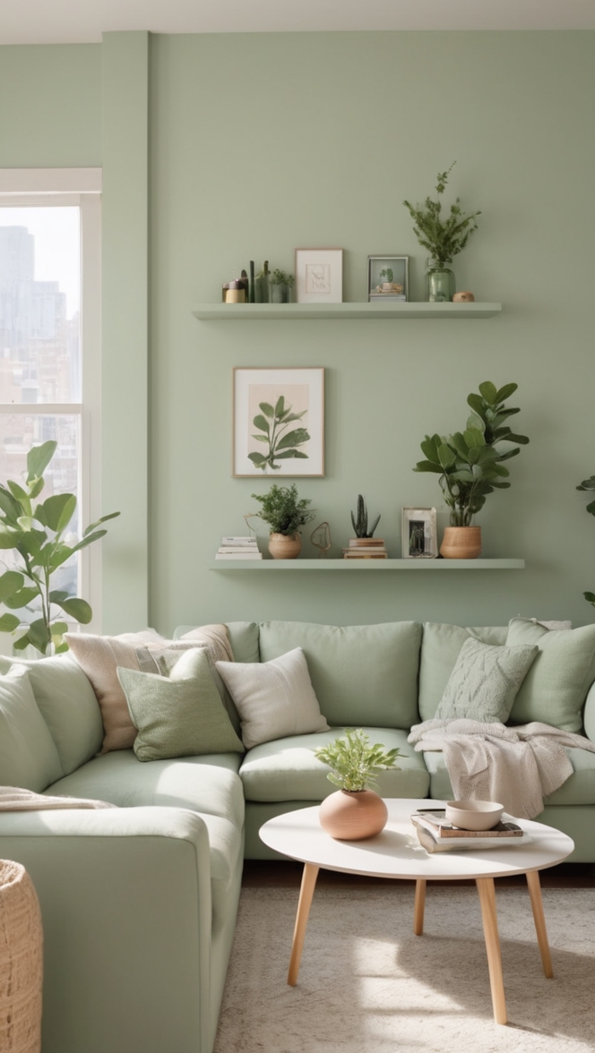 sage green sofa decor, sage green walls decoration, modern sage green interior, luxurious sage green furniture, elegant sage green accents