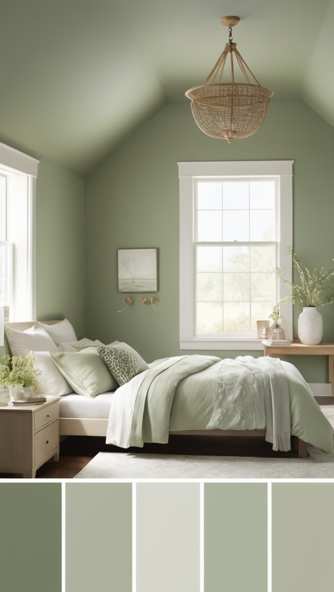 sage green decor, sage green bedroom ideas, sage green paint colors, sage green bedding, sage green curtains