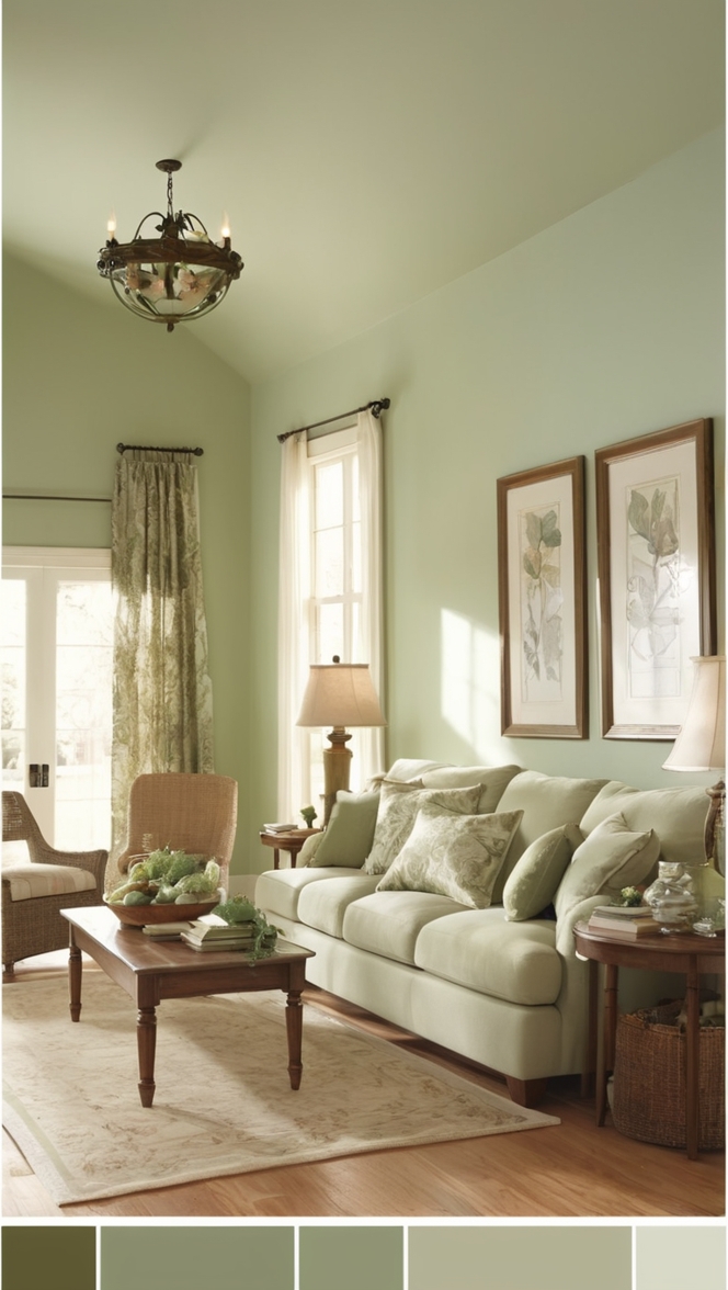 sage green sofa, sage green chairs, sage green curtains, sage green walls, sage green decor