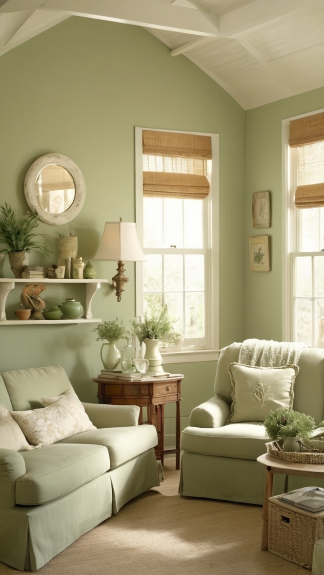 sage green sofa, sage green chairs, sage green curtains, sage green walls, sage green decor