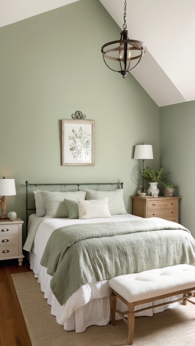 sage green bedding, farmhouse style curtains, vintage green decor, rustic bedroom furniture, country chic accents
