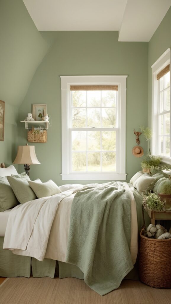 How can I achieve a cozy vibe in my sage green farmhouse bedroom ...