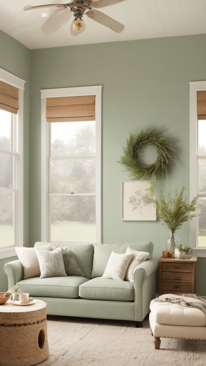 sage green living room decor, sage green furniture, farmhouse living room ideas, rustic living room decor, cozy farmhouse style