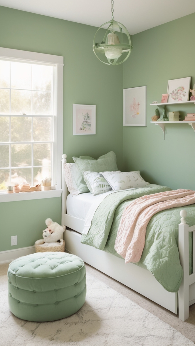 green wallpaper, sage green decor, pastel green bedding, mint green curtains, emerald green furniture