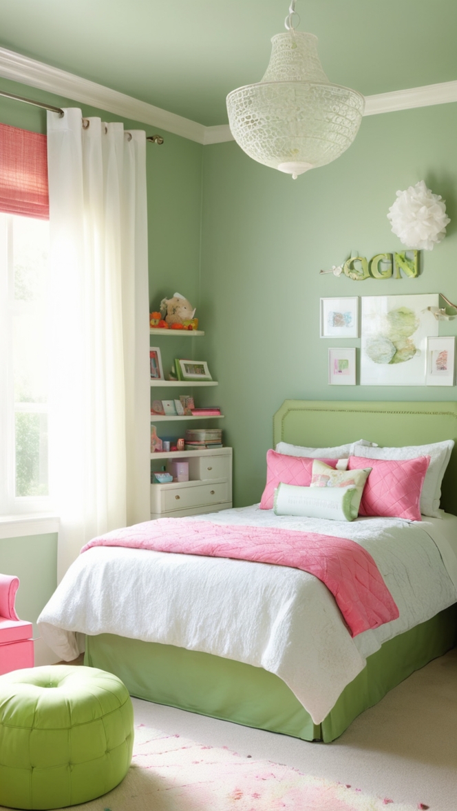green wallpaper, sage green decor, pastel green bedding, mint green curtains, emerald green furniture