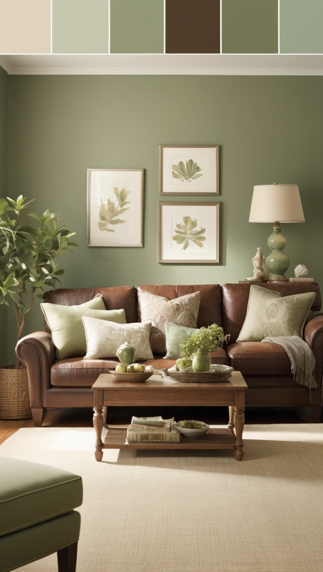 sage green walls, brown leather couch, olive green living room, forest green sofa, emerald green decor