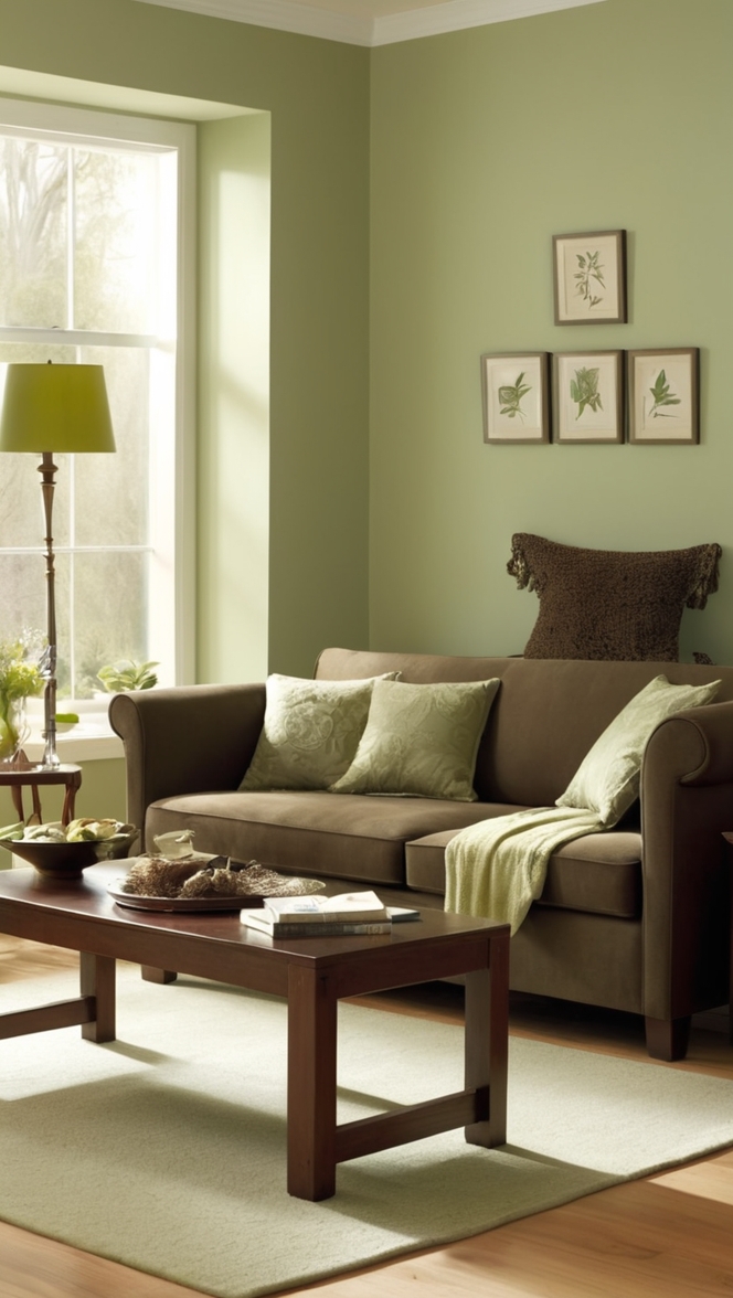sage green walls, brown leather couch, olive green living room, forest green sofa, emerald green decor