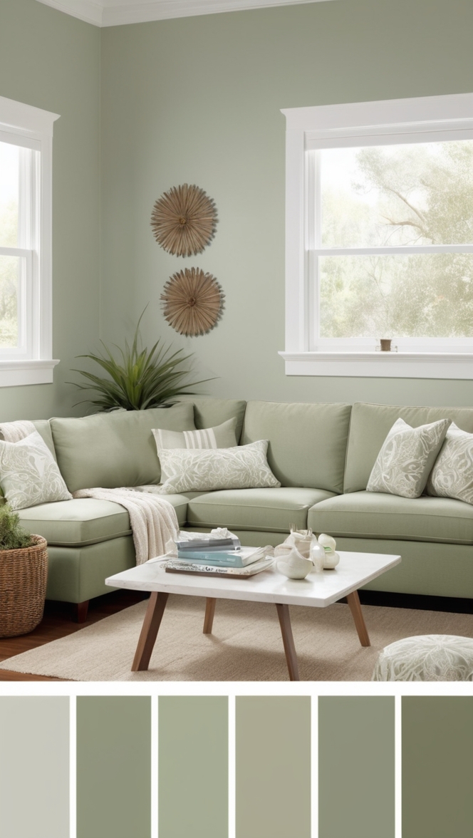 sage green sofa, grey sofa set, living room decor, sage green walls, cozy living room