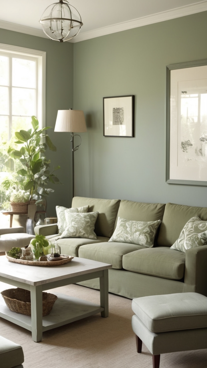 sage green sofa, grey sofa set, living room decor, sage green walls, cozy living room