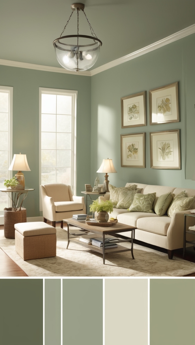 sage green paint, best color for living room walls, calming green decor, interior design ideas, green wall paint cost
