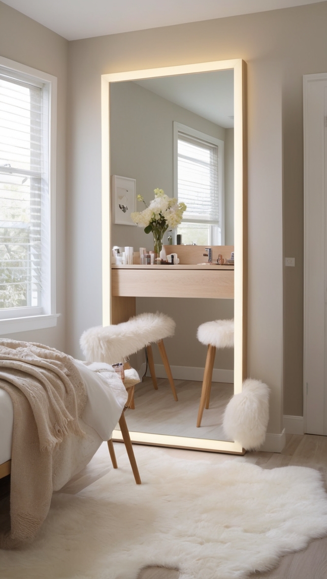 vanity table ideas, vanity mirror decor, stylish bedroom vanity, elegant vanity design, chic makeup vanity