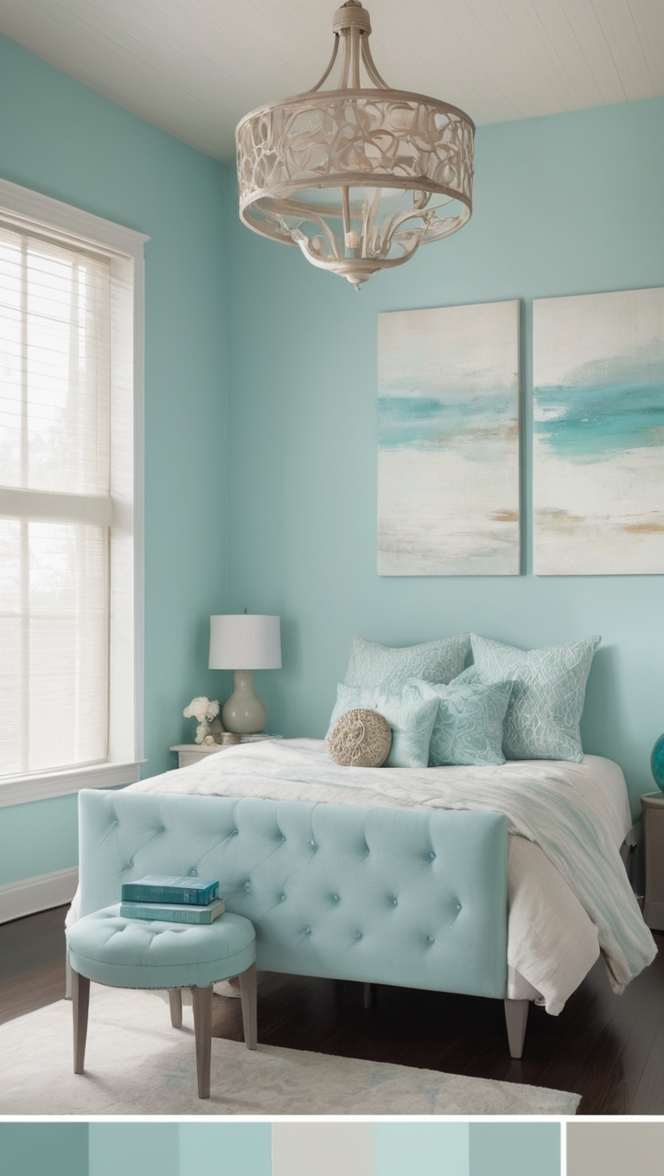 turquoise paint, turquoise bedroom, turquoise room, turquoise decor, turquoise wallpaper