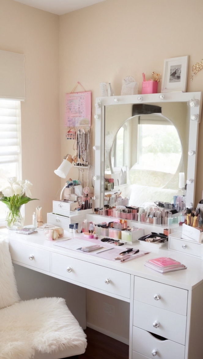 vanity storage solutions, bathroom vanity organizer, makeup vanity storage, bedroom vanity organization, vanity table organization