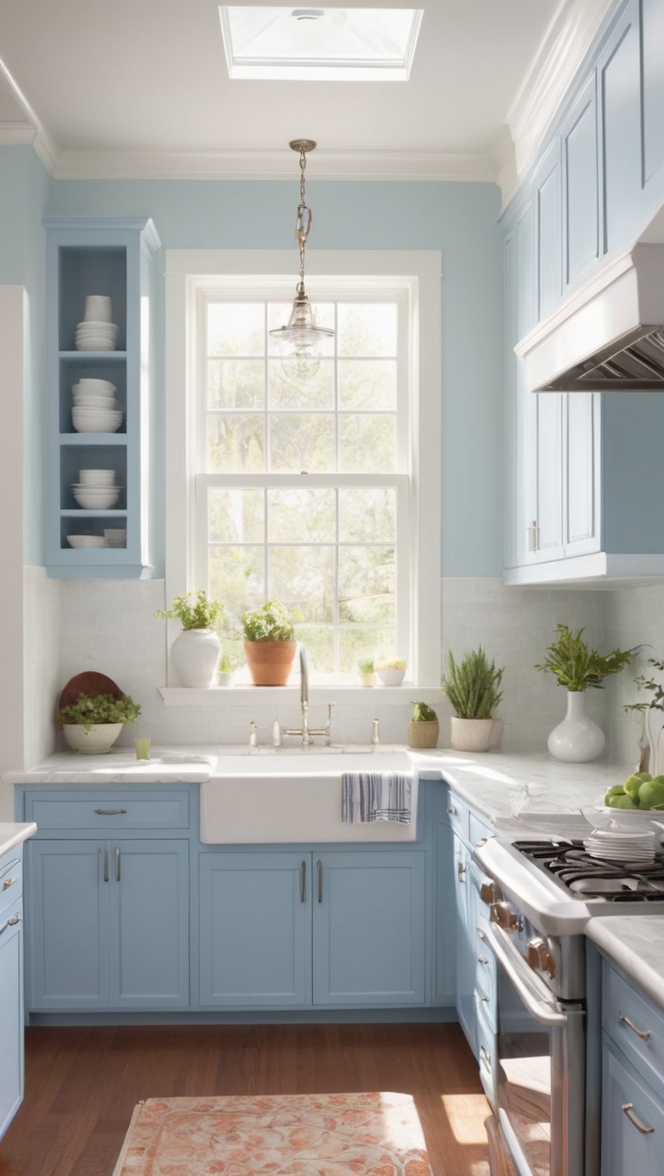 white kitchen cabinets, blue kitchen decor, white kitchen backsplash, blue kitchen walls, white kitchen countertops