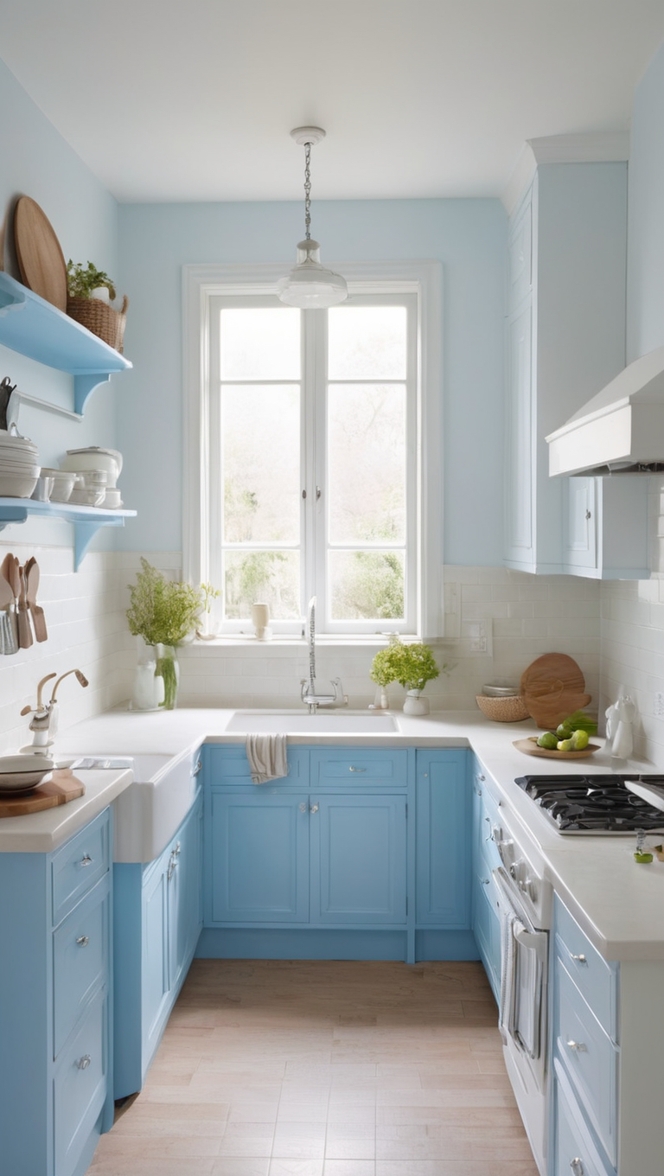 white kitchen cabinets, blue kitchen decor, white kitchen backsplash, blue kitchen walls, white kitchen countertops