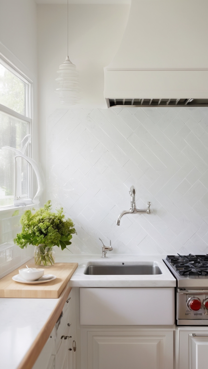 white kitchen tiles, white mosaic backsplash, white subway tile backsplash, white glass backsplash, white marble backsplash