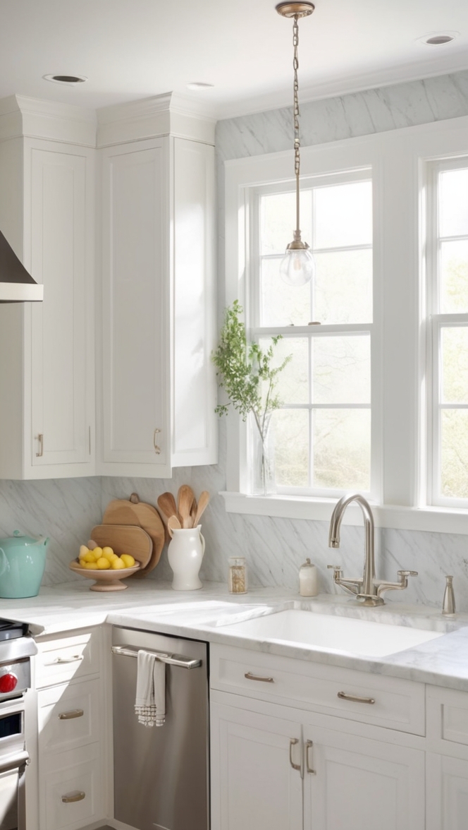 white marble countertops, white marble backsplash, white marble flooring, marble kitchen island, marble kitchen countertops