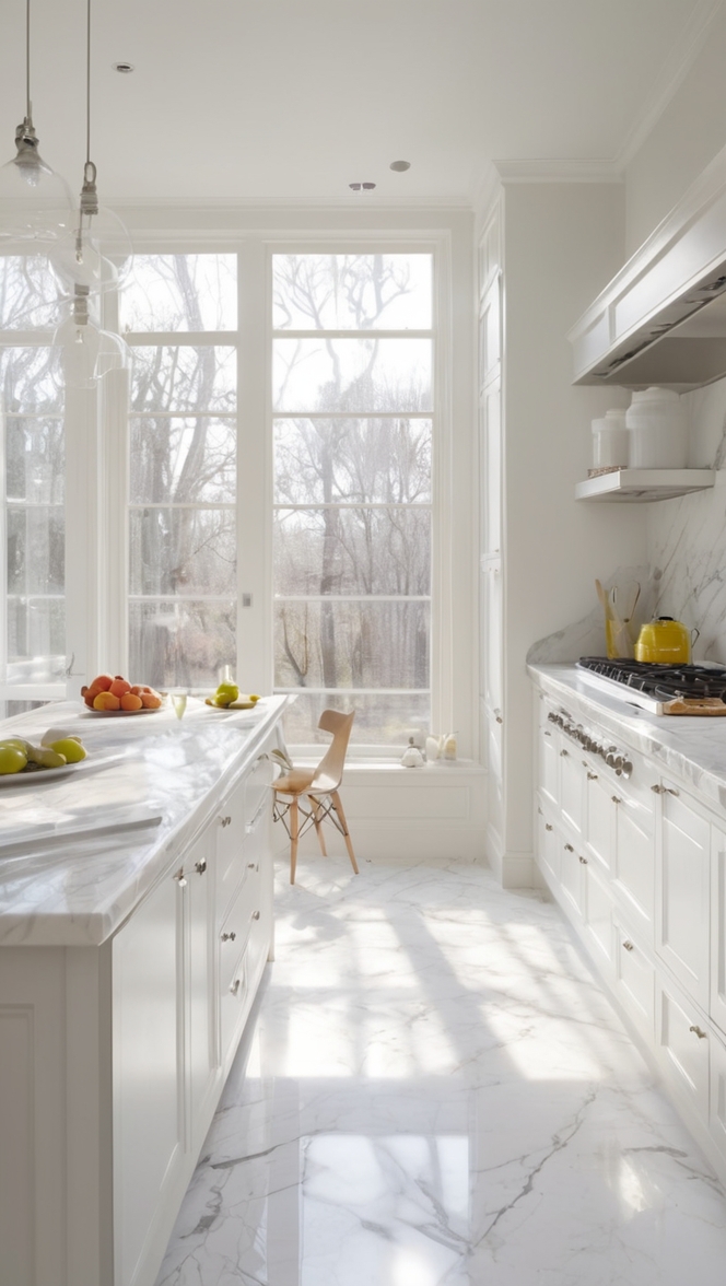 white marble countertops, white marble backsplash, white marble flooring, marble kitchen island, marble kitchen countertops